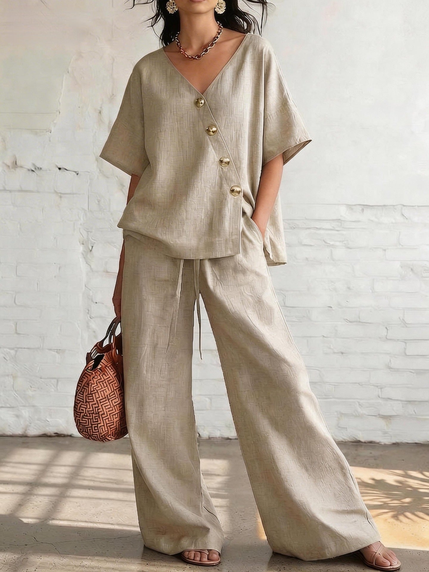 Casual Vacation Loose Cotton-Linen V-Neck Wide-Leg Pants Two-Piece Set 