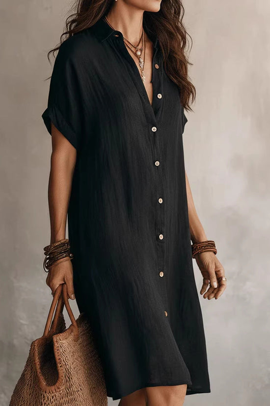Women's Short-sleeve Buttoned Midi Shirt Dress 