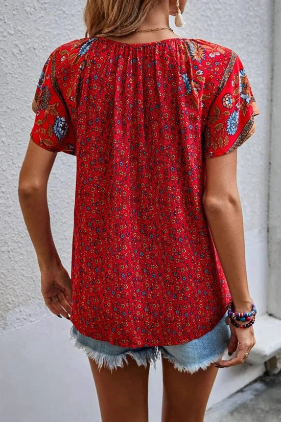 Printed Tie Neck Short Sleeve Blouse 