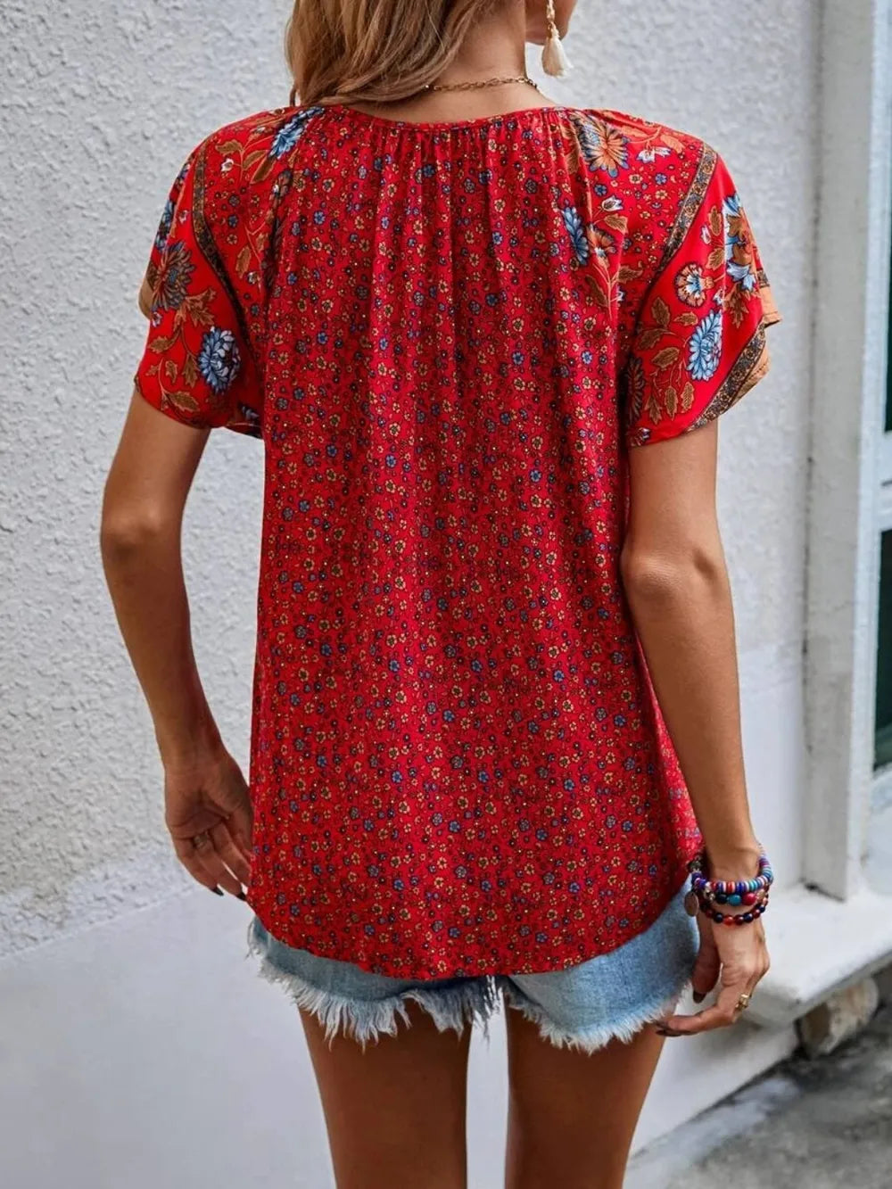 Printed Tie Neck Short Sleeve Blouse 