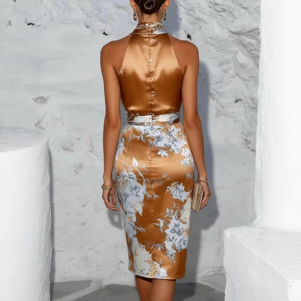 Elegant Chiffon Print Halter Neck Dress  Formal Evening Gown 