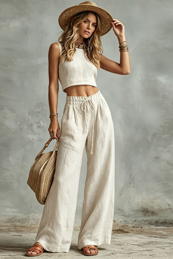 Vest Drawstring High-Waist Wide-Leg Pants Two-Piece Set 