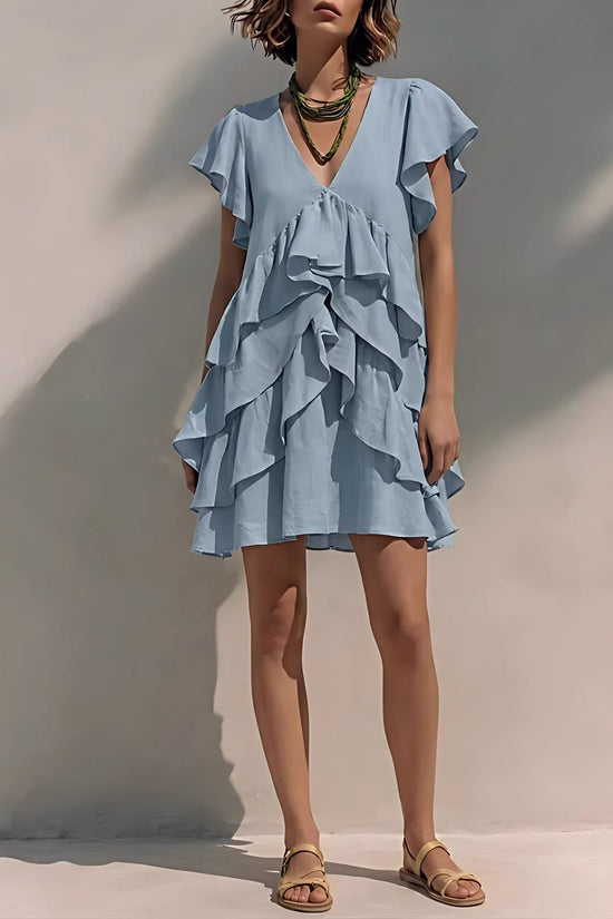 Women's V-Neck Ruffled-Edge Short-Sleeve Casual Loose Dress 