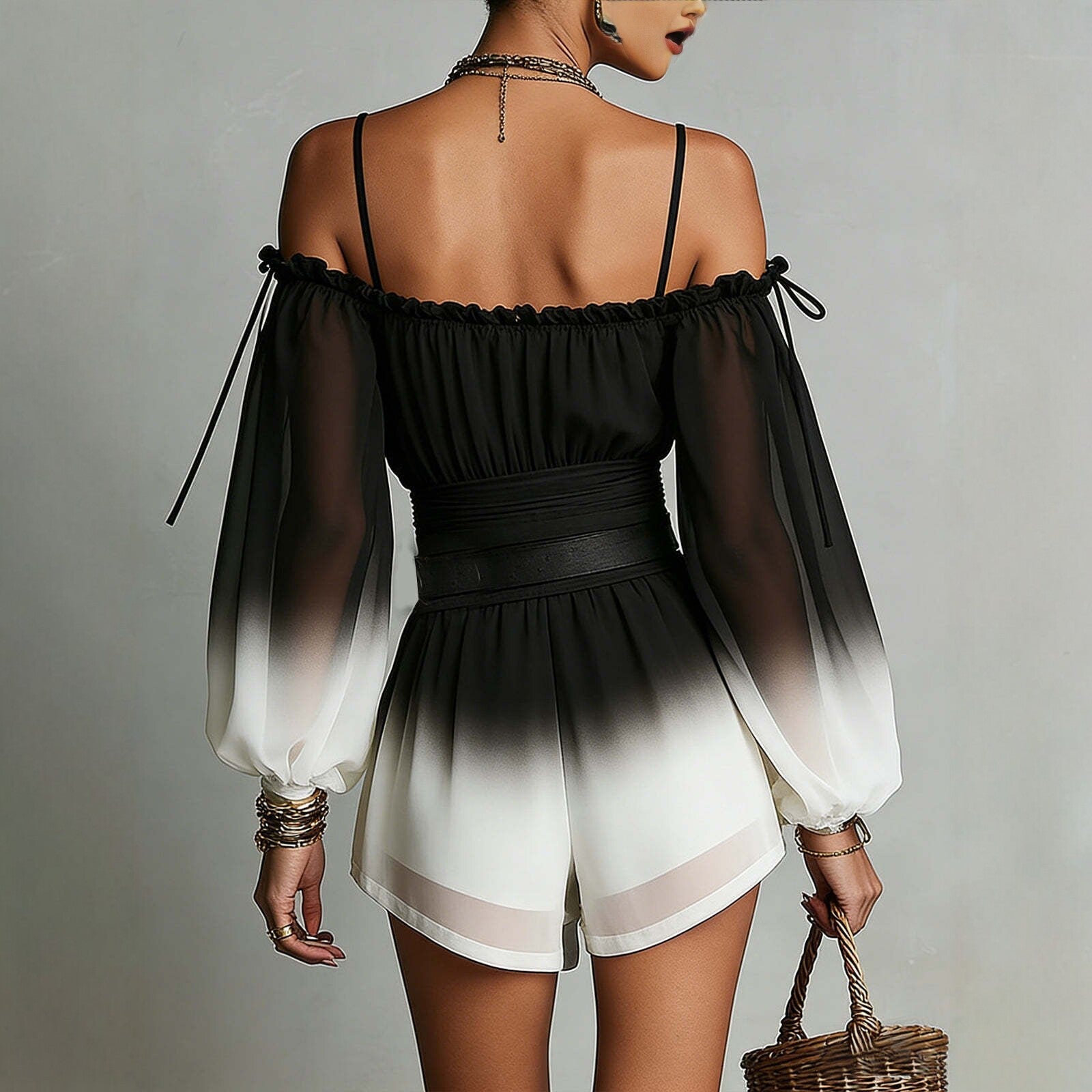 Off-Shoulder Ombre Jumpsuit Womens Summer Sexy Bandage Waist-Fitted Fashionable Shorts With Belt 