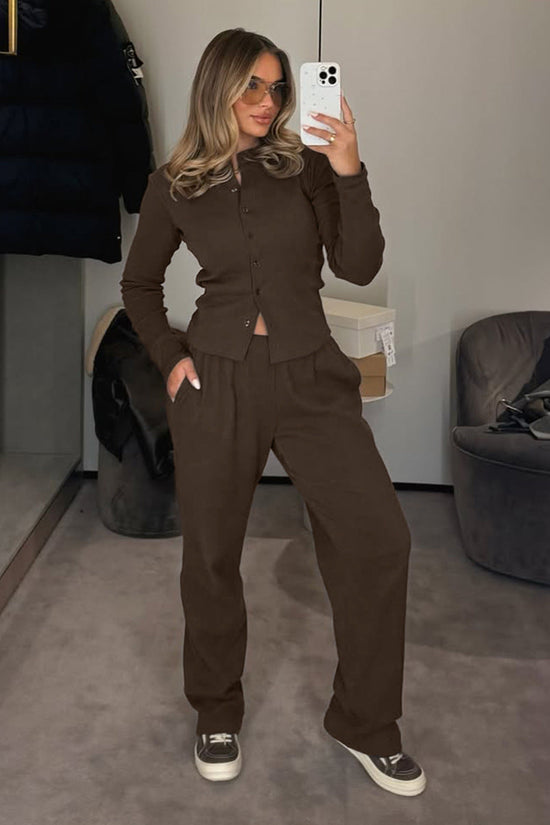 Half-high-neck Rib-knit Long-sleeve Cardigan And Button-front Trousers Set 