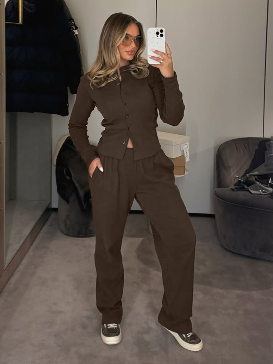Half-high-neck Rib-knit Long-sleeve Cardigan And Button-front Trousers Set 