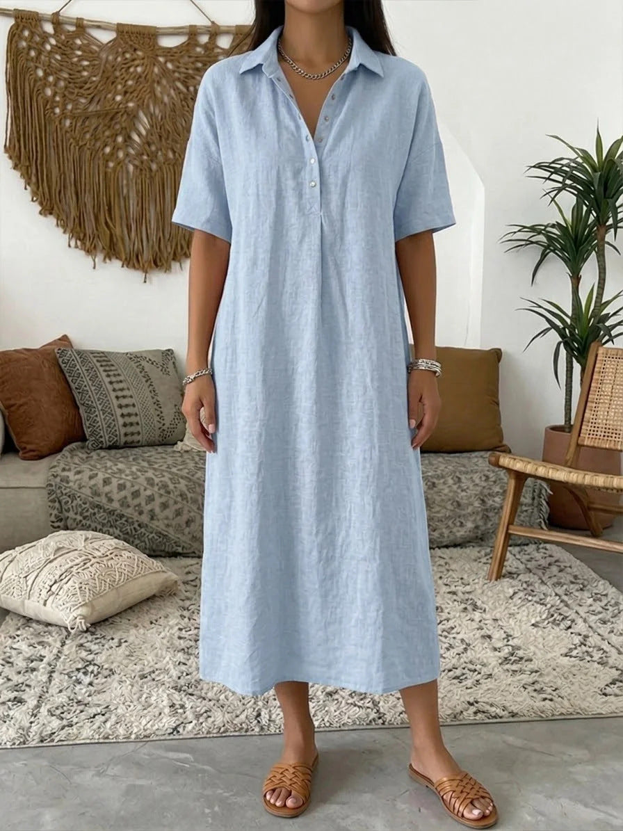 Casual Straight Fit Comfortable Linen Short Sleeve Polo Neck Dress for Women 