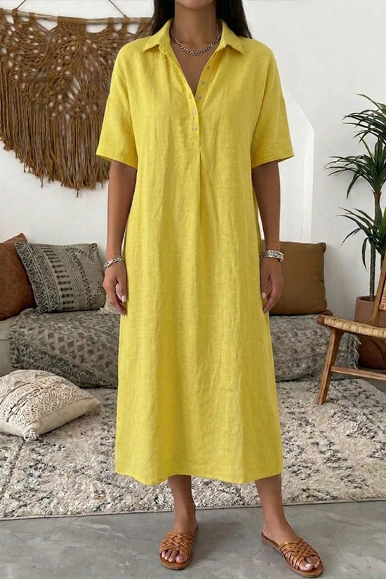 Casual Straight Fit Comfortable Linen Short Sleeve Polo Neck Dress for Women 