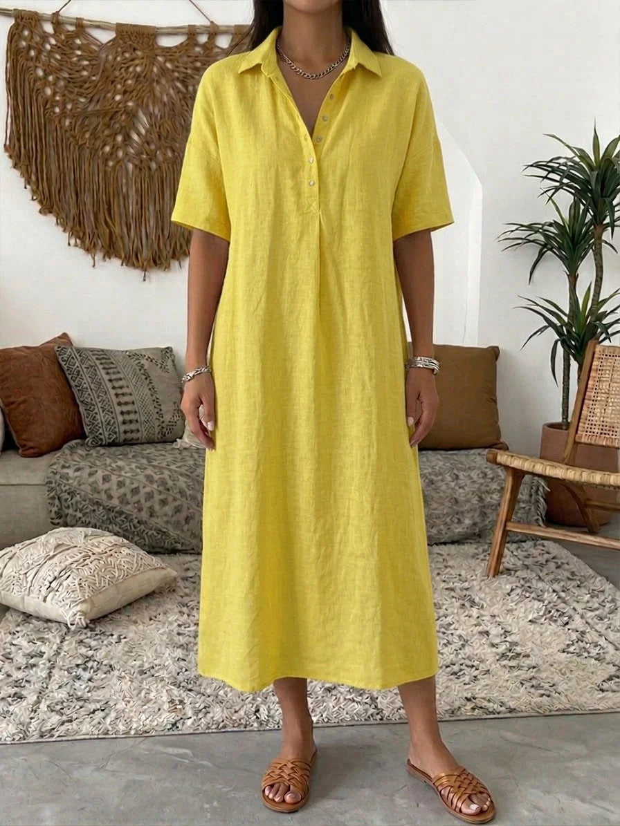 Casual Straight Fit Comfortable Linen Short Sleeve Polo Neck Dress for Women 