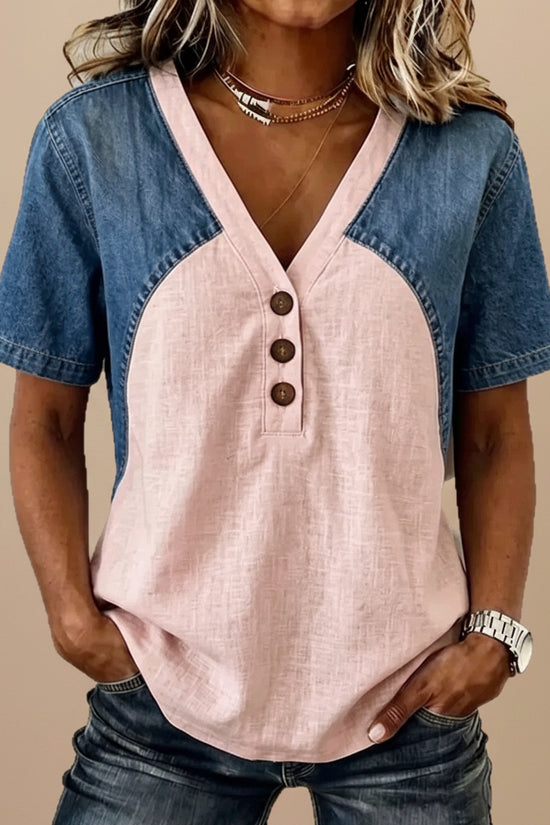 Fashionable Trendy Womens Loose Denim Patchwork T-Shirt 