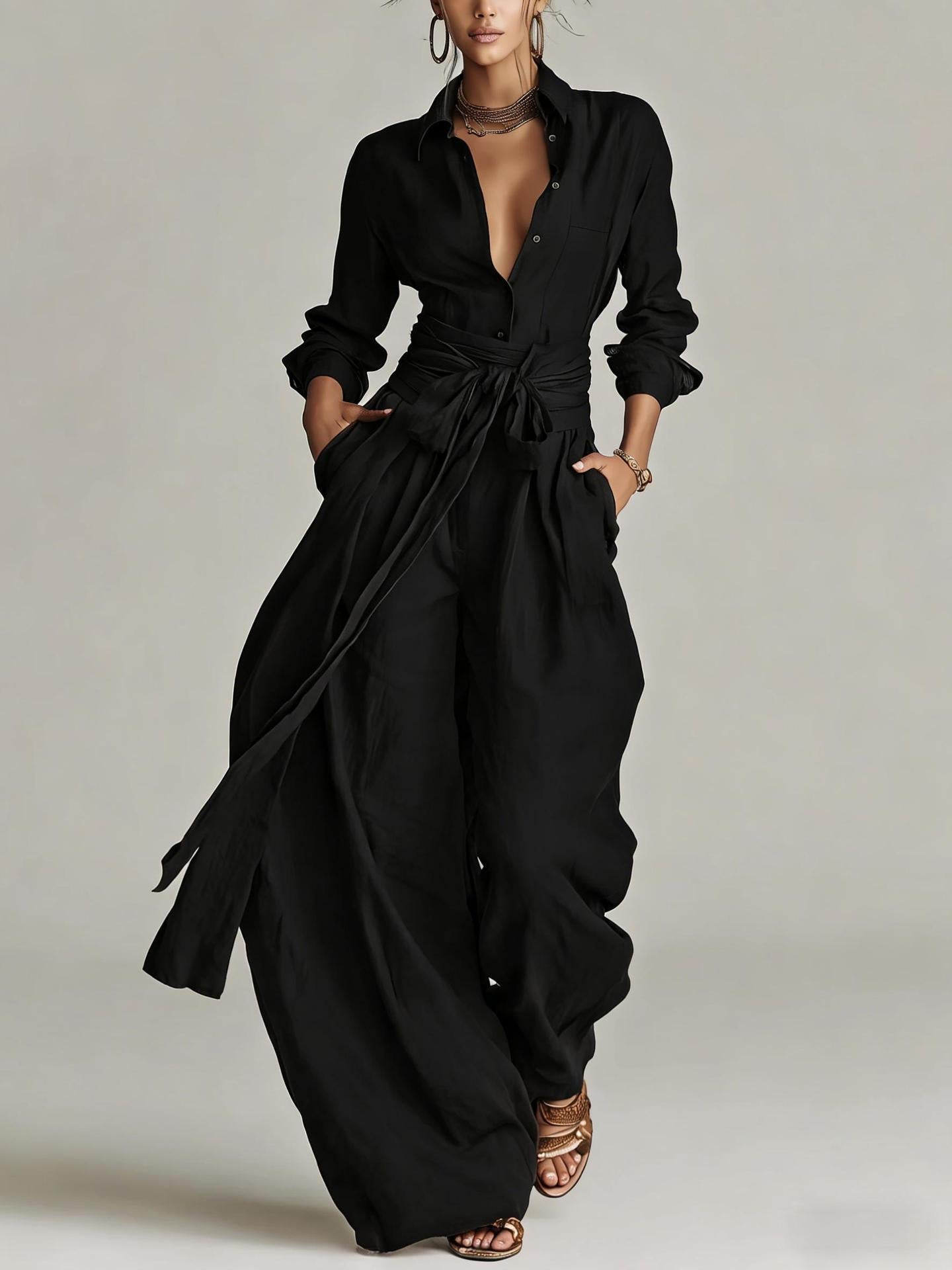 Solid color collar top high waisted pants two-piece set 