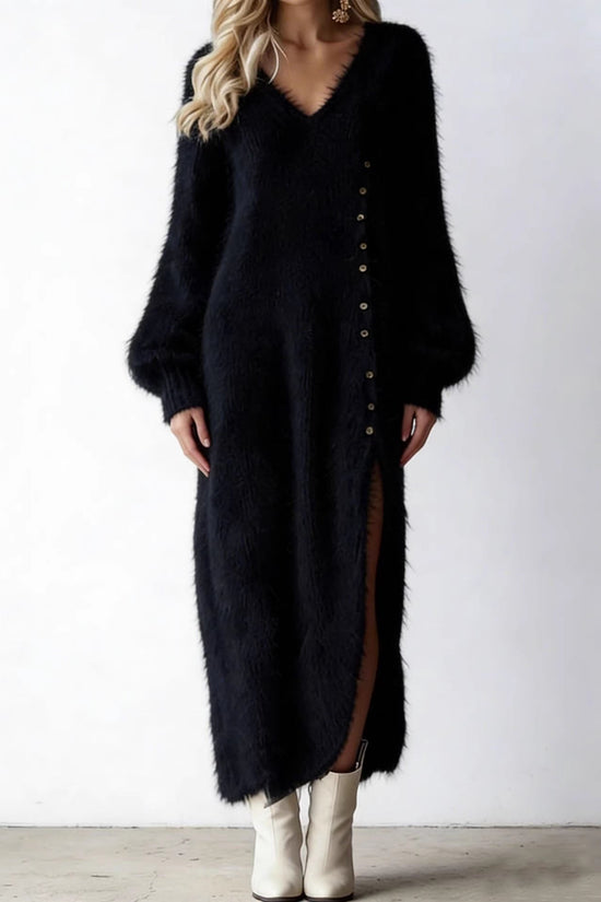 V-neck loose button slit dress 
