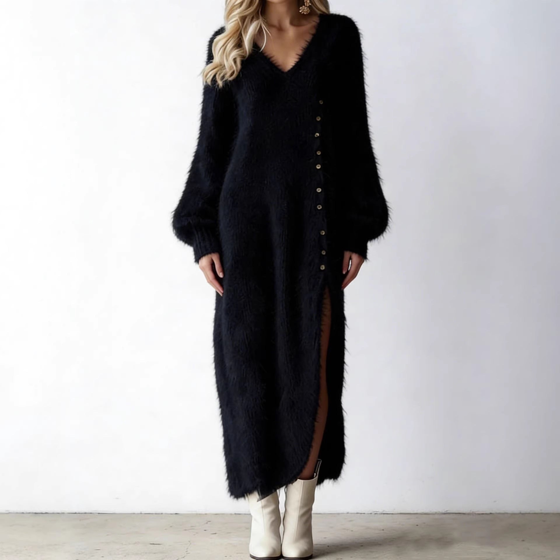 V-neck loose button slit dress 
