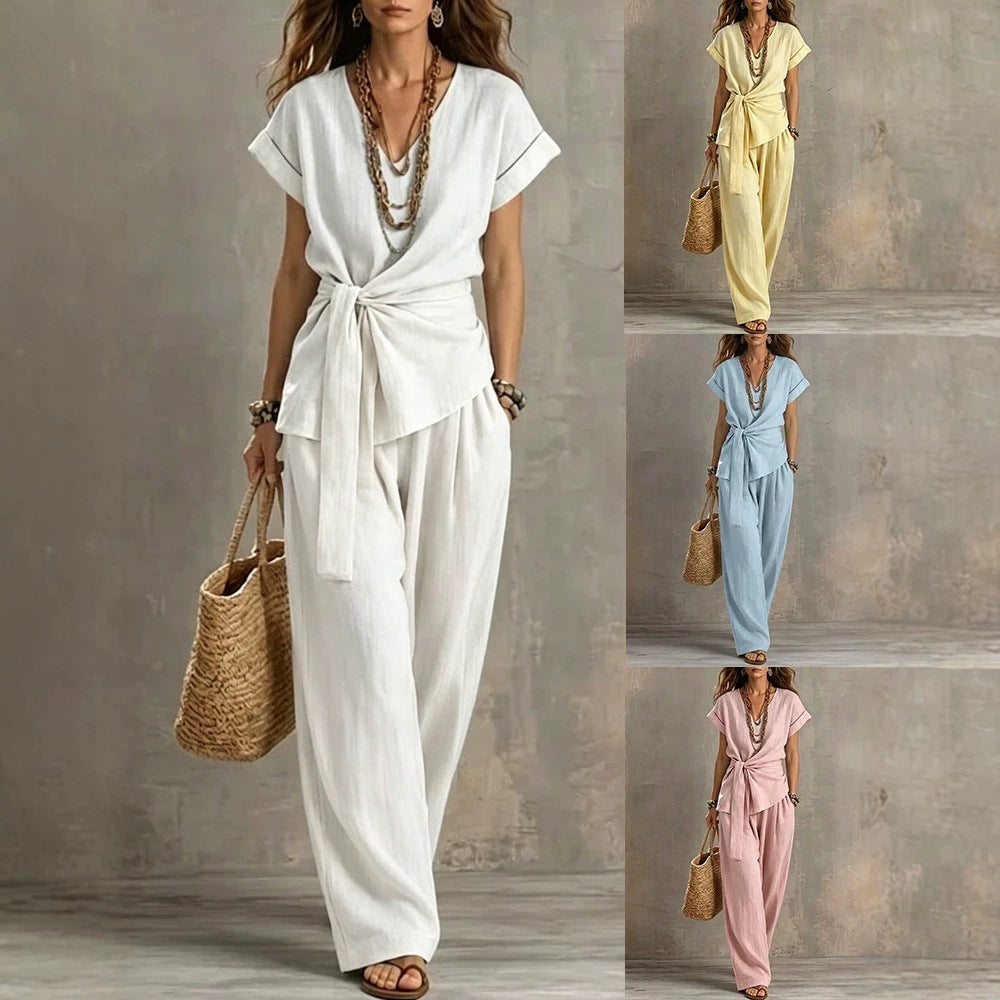 Women's V-neck Pullover Short-Sleeve Pants Set 