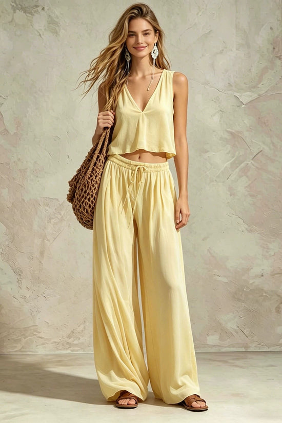 V-neck solid color sleeveless camisole top wide leg pants set