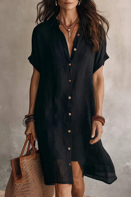 Women's Short-sleeve Buttoned Midi Shirt Dress 