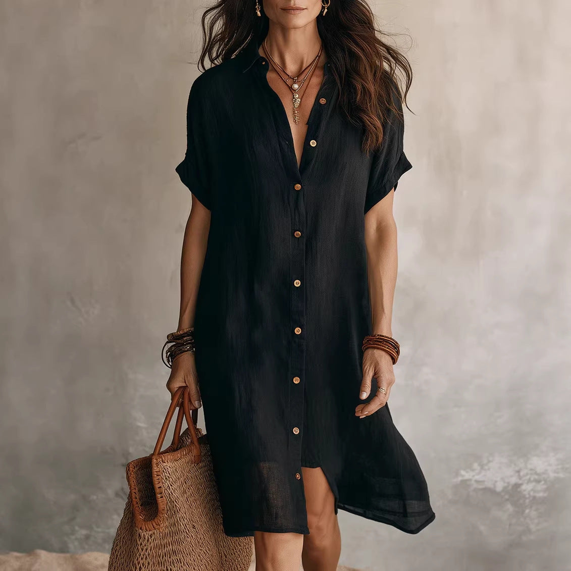 Women's Short-sleeve Buttoned Midi Shirt Dress 