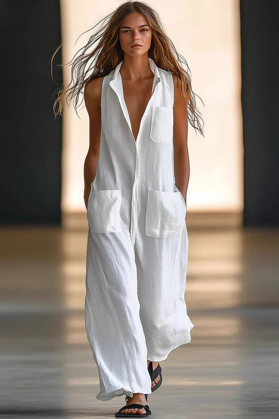 Casual Loose Sleeveless Single-Button Wide-Leg Pants Fashion Cargo Jumpsuit for Women 