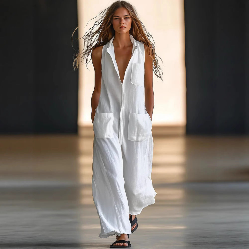 Casual Loose Sleeveless Single-Button Wide-Leg Pants Fashion Cargo Jumpsuit for Women 