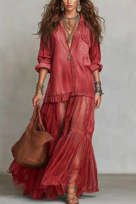 Vintage Denim-like Long Dress Casual Style 
