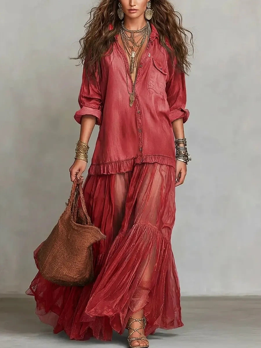 Vintage Denim-like Long Dress Casual Style 