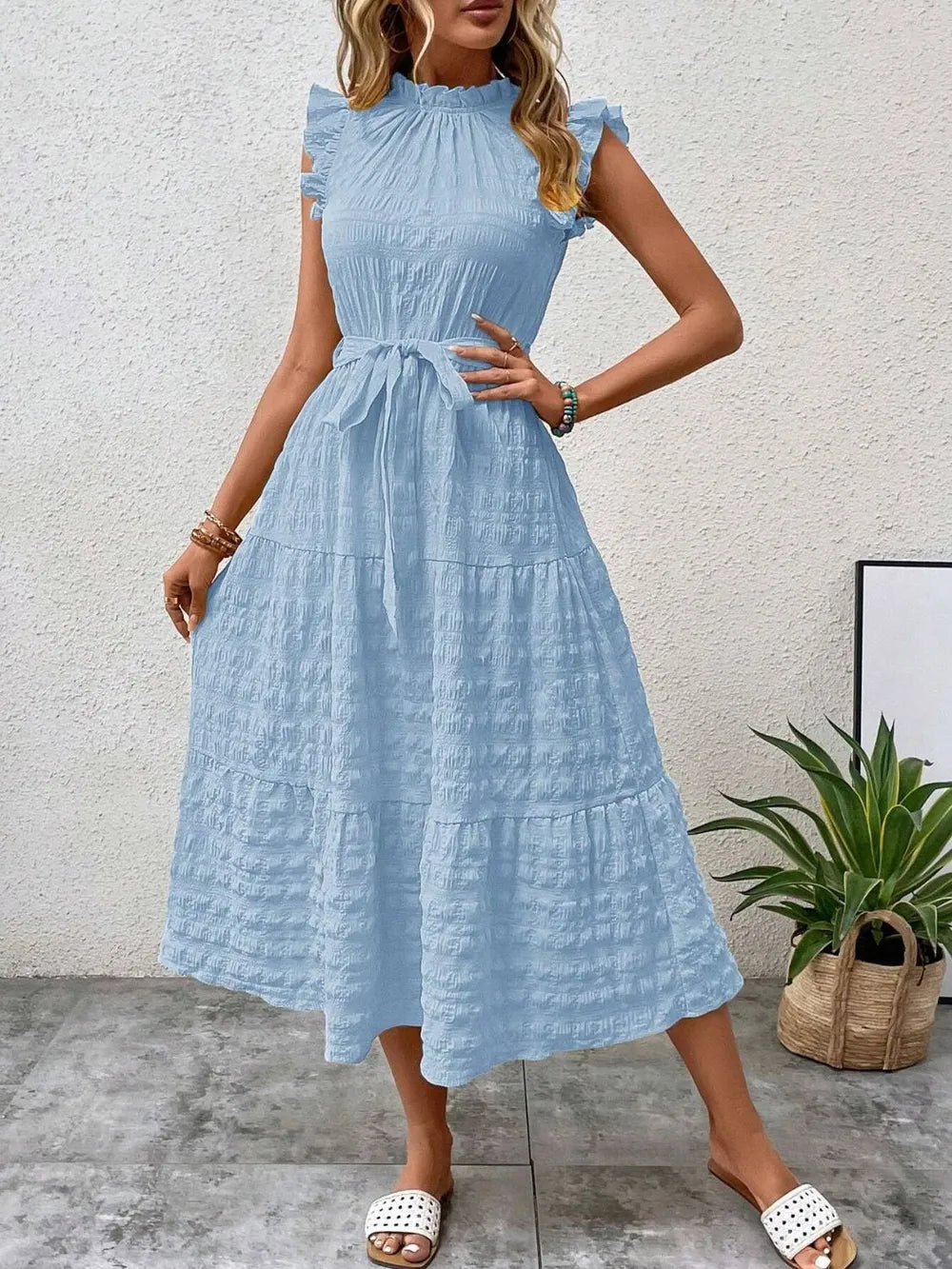 Tied Ruffled Cap Sleeve Midi Dress 