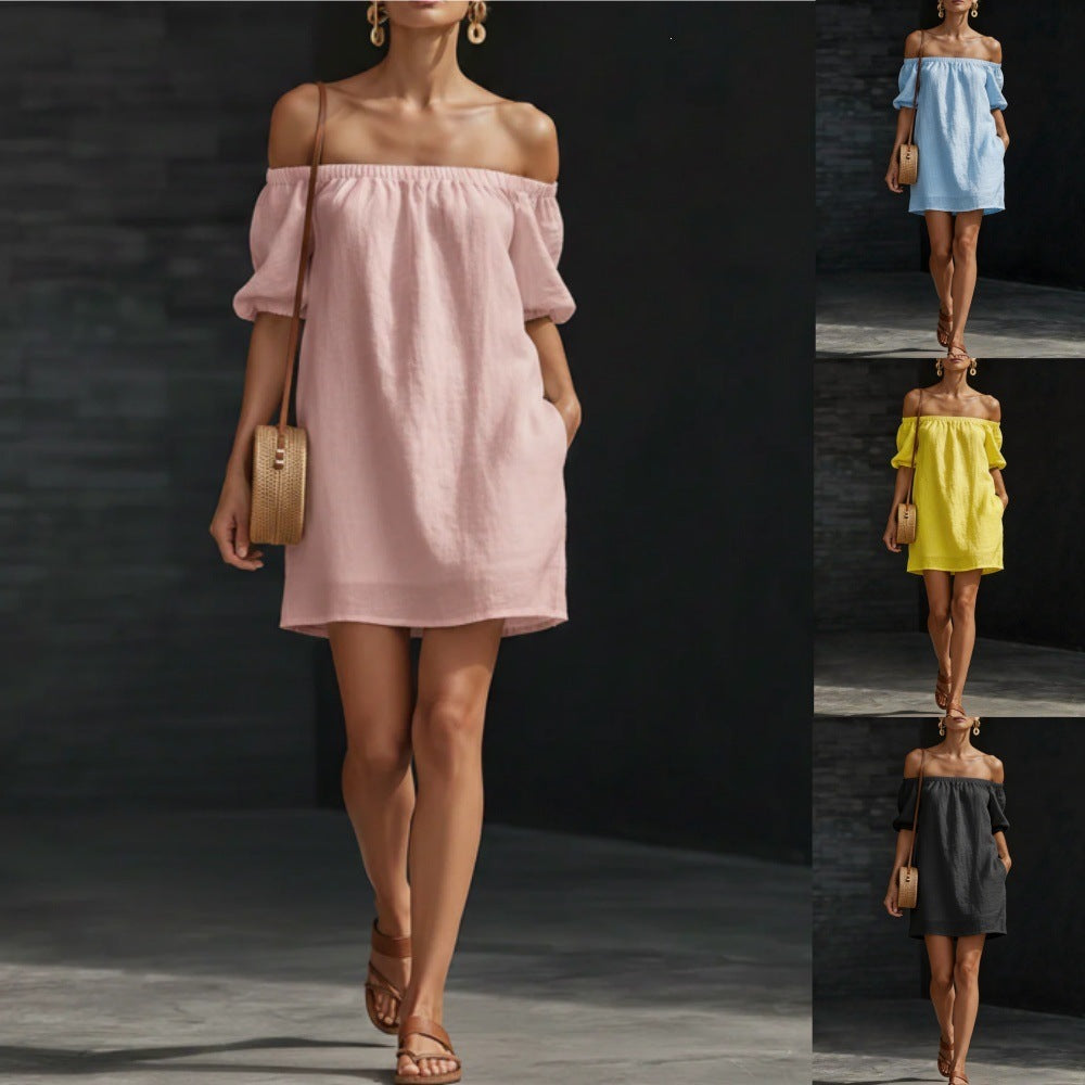 Cotton-linen Womens Off-shoulder Fashionable Loose-fitting Dress 
