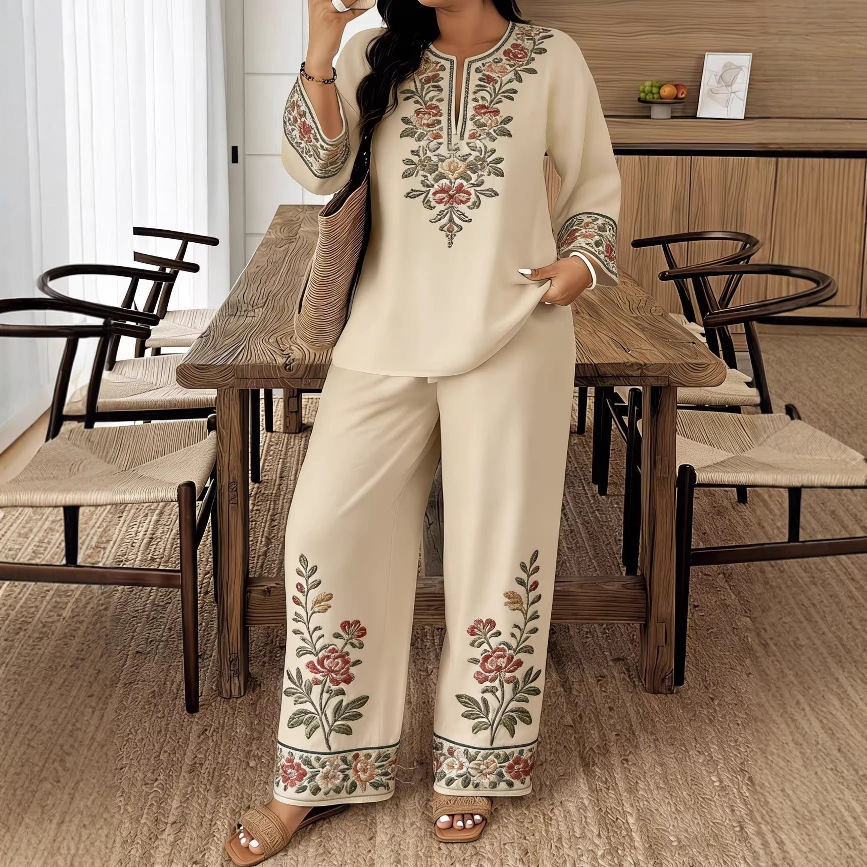 Long-sleeve Lace Floral Long-sleeve Ethnic-style Middle Eastern Set 
