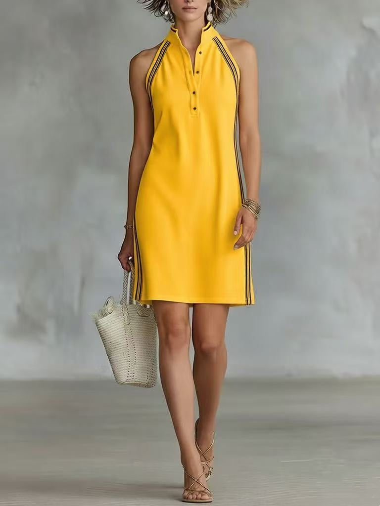 Solid-color Sleeveless Button-up Collar Dress 