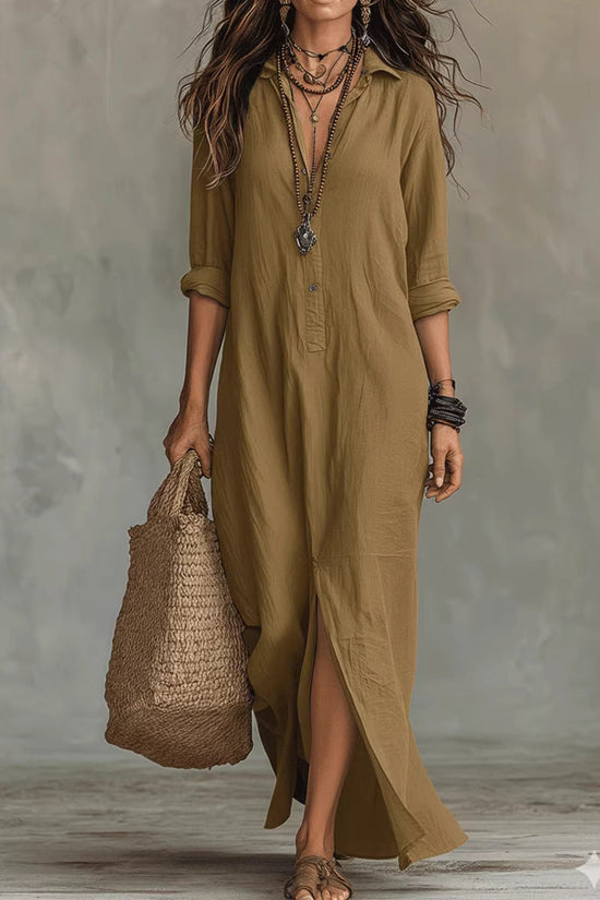 Spring Summer Solid Color Notch Lapel Front Slit Long Dress Casual Shirt Dress Lazy Style 