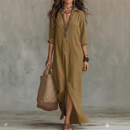 Spring Summer Solid Color Notch Lapel Front Slit Long Dress Casual Shirt Dress Lazy Style 