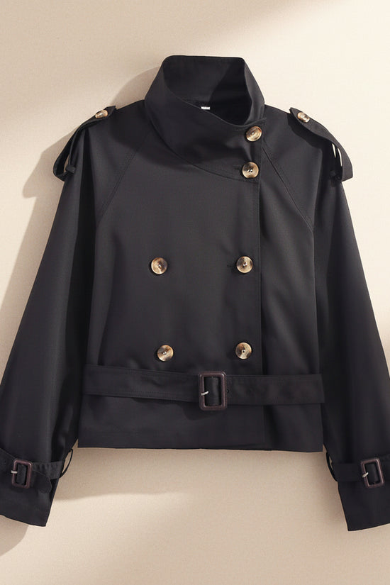 Notch-collar Short Trench Coat For Women With Belt Buckle Detailing 