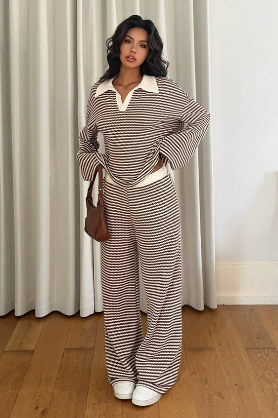 Long sleeved contrasting striped wide leg pants set 