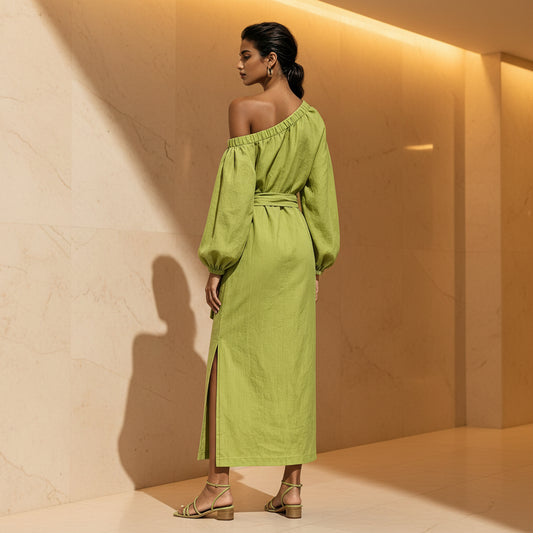 Fashionable Elegant Loose Linen Off-Shoulder Side Slit Dress with Belt 