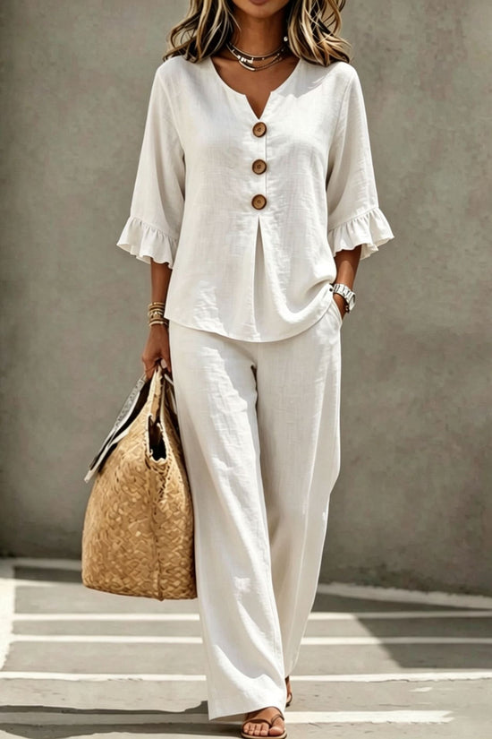 Womens V-neck Ruffle Three-Quarter Sleeve Top And Pants Two-Piece Set 