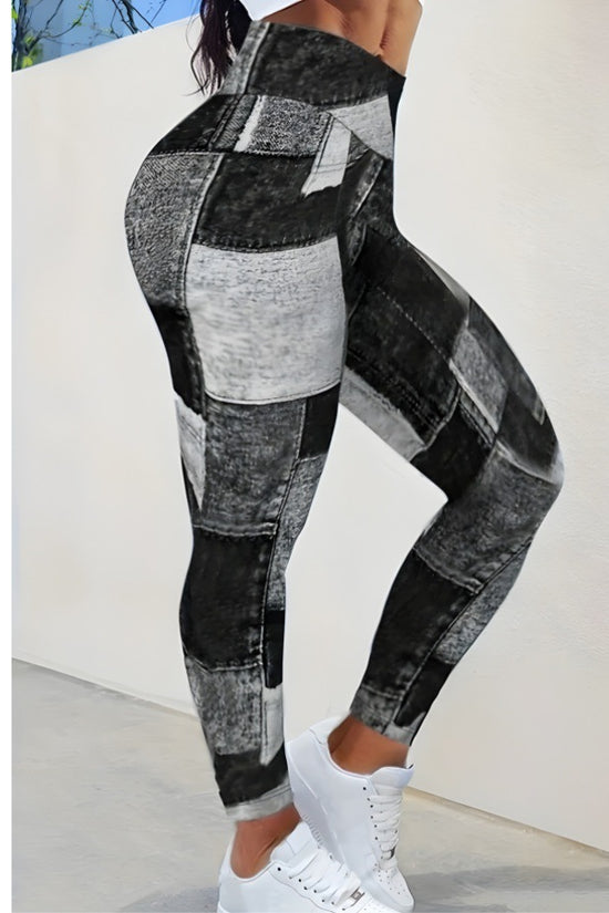 Denim-like Plaid Peach Print High-Waisted Tummy Control Slim Fit Yoga Fitness Pants