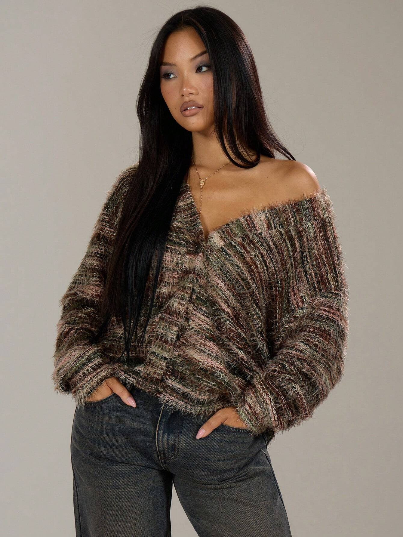 Vintage Deep V-Neck Fleece Cardigan – Long Sleeve Color-Block 