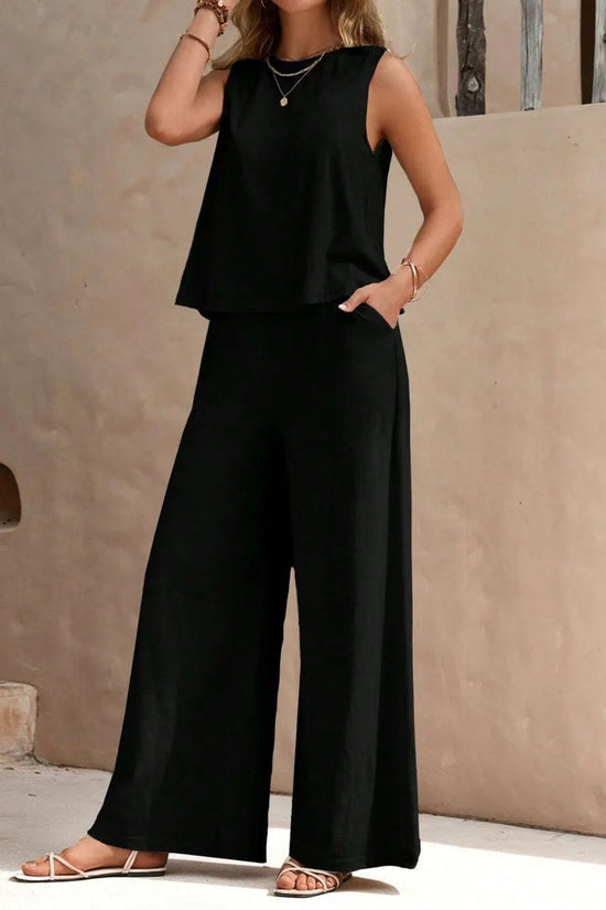 Round Neck Sleeveless Top and Wide Leg Pants Set 