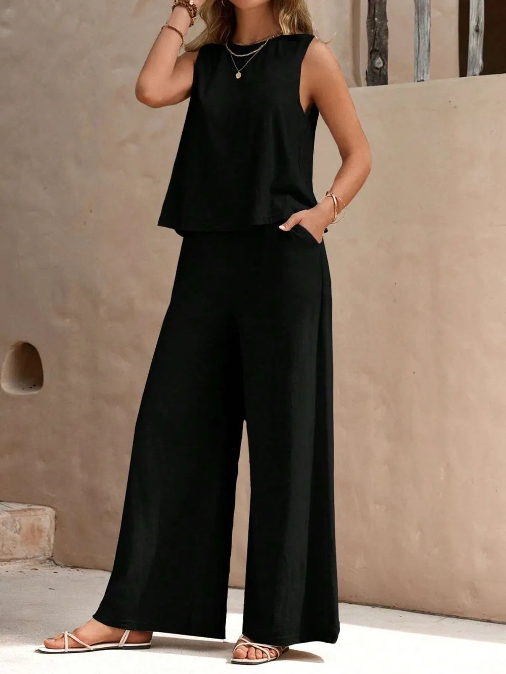 Round Neck Sleeveless Top and Wide Leg Pants Set 