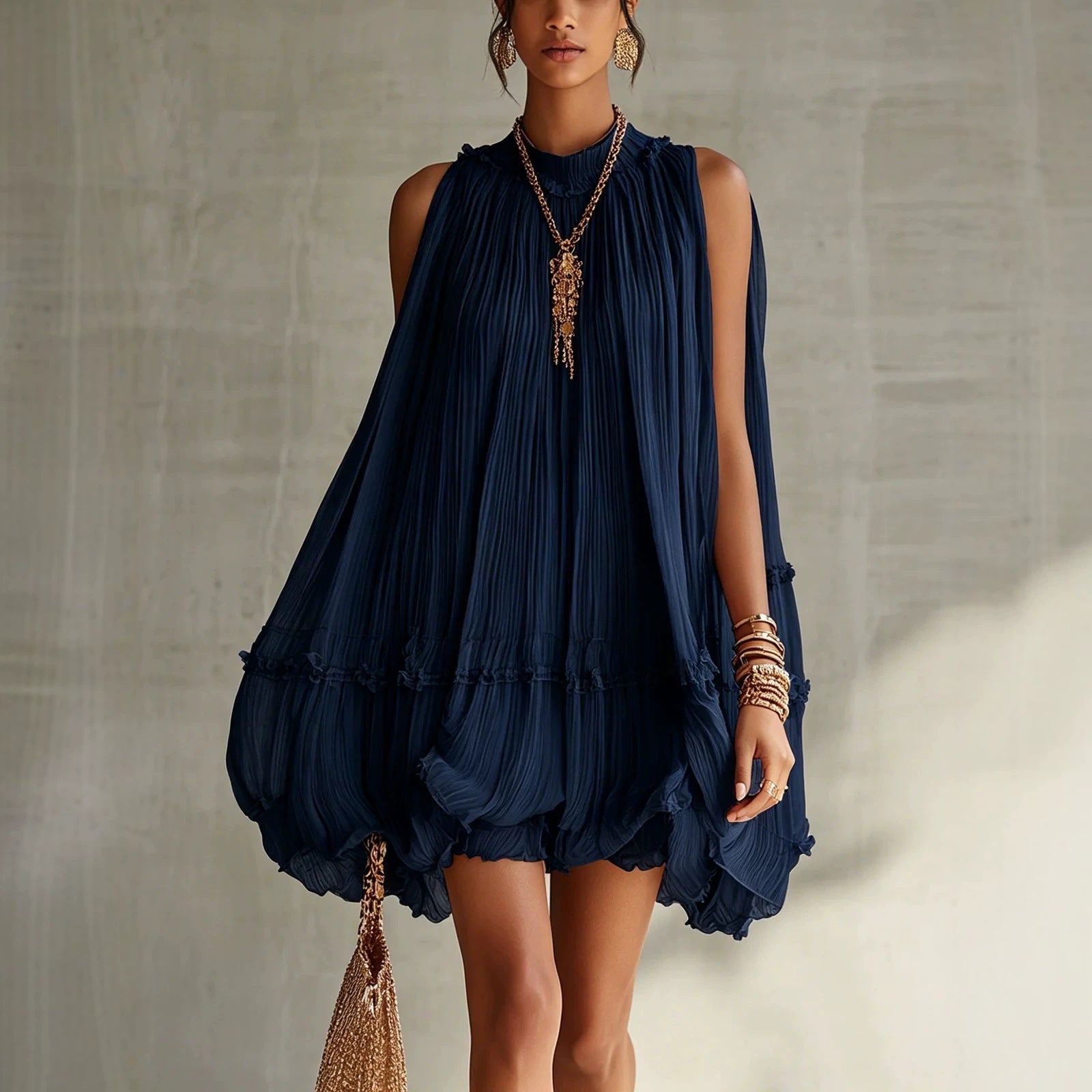 Sleeveless Pleated Mini Dress for Women, Loose A-Line Skirt with Ruffled Hem, Gathered Pleats, Casual Vacation Style, Flared Silhouette, Sweet Baby Doll Dress 