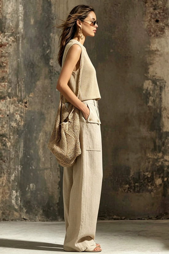 Khaki linen casual two-piece short knitted vest pocket wide leg pants set 