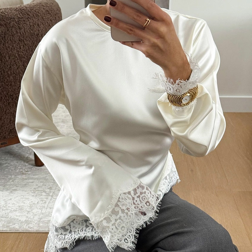 Round neck solid color long sleeved irregular hem T-shirt for women 