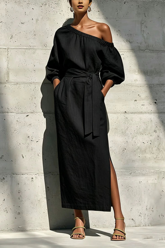 Fashionable Elegant Loose Linen Off-Shoulder Side Slit Dress with Belt 