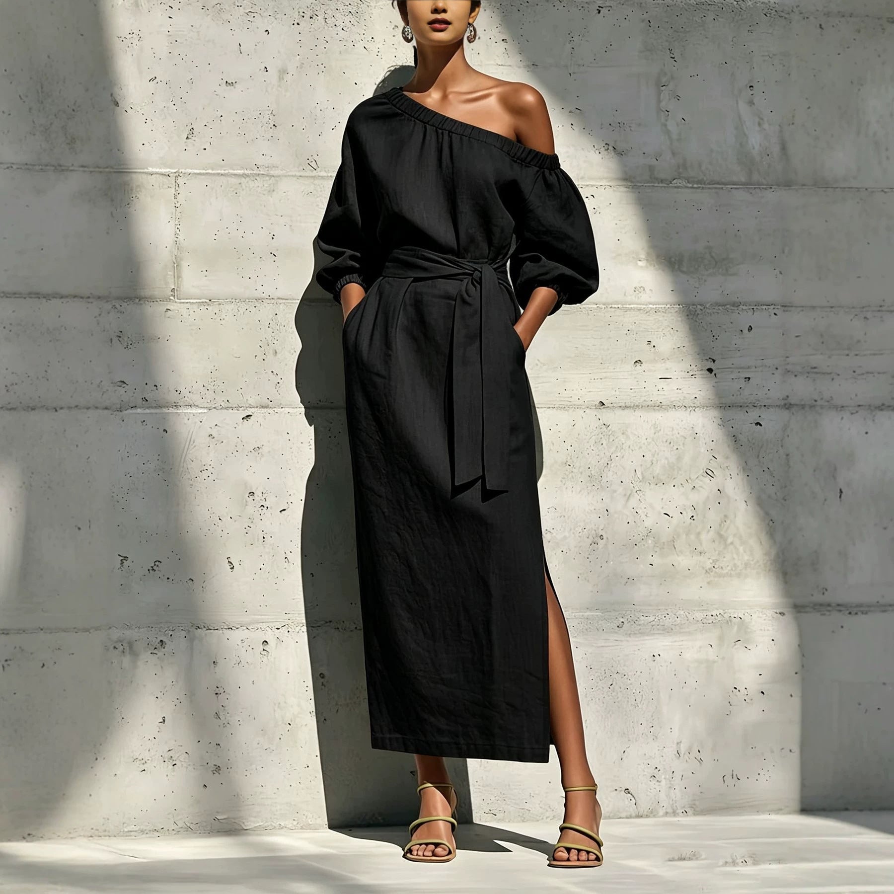 Fashionable Elegant Loose Linen Off-Shoulder Side Slit Dress with Belt 