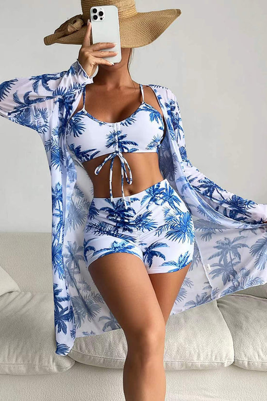 Fashionable Sexy Mesh Cover-Up with Leg-Length Briefs Three-Piece Swimwear Set for Women 