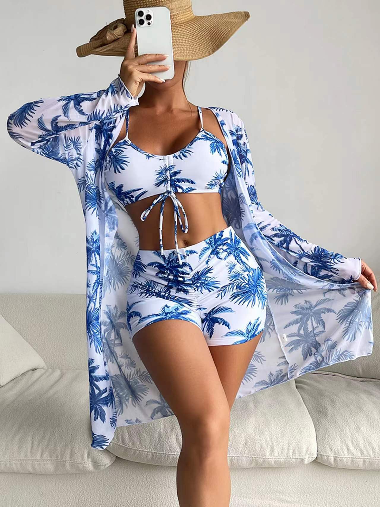 Fashionable Sexy Mesh Cover-Up with Leg-Length Briefs Three-Piece Swimwear Set for Women 