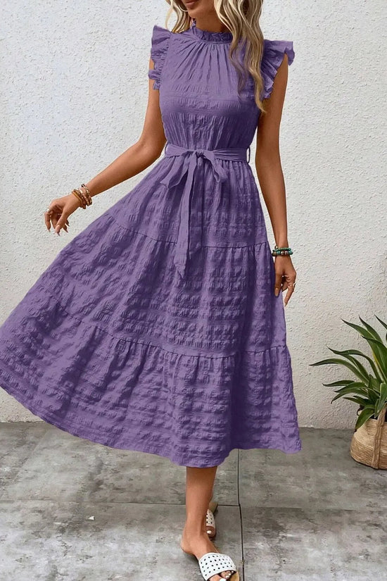 Tied Ruffled Cap Sleeve Midi Dress 