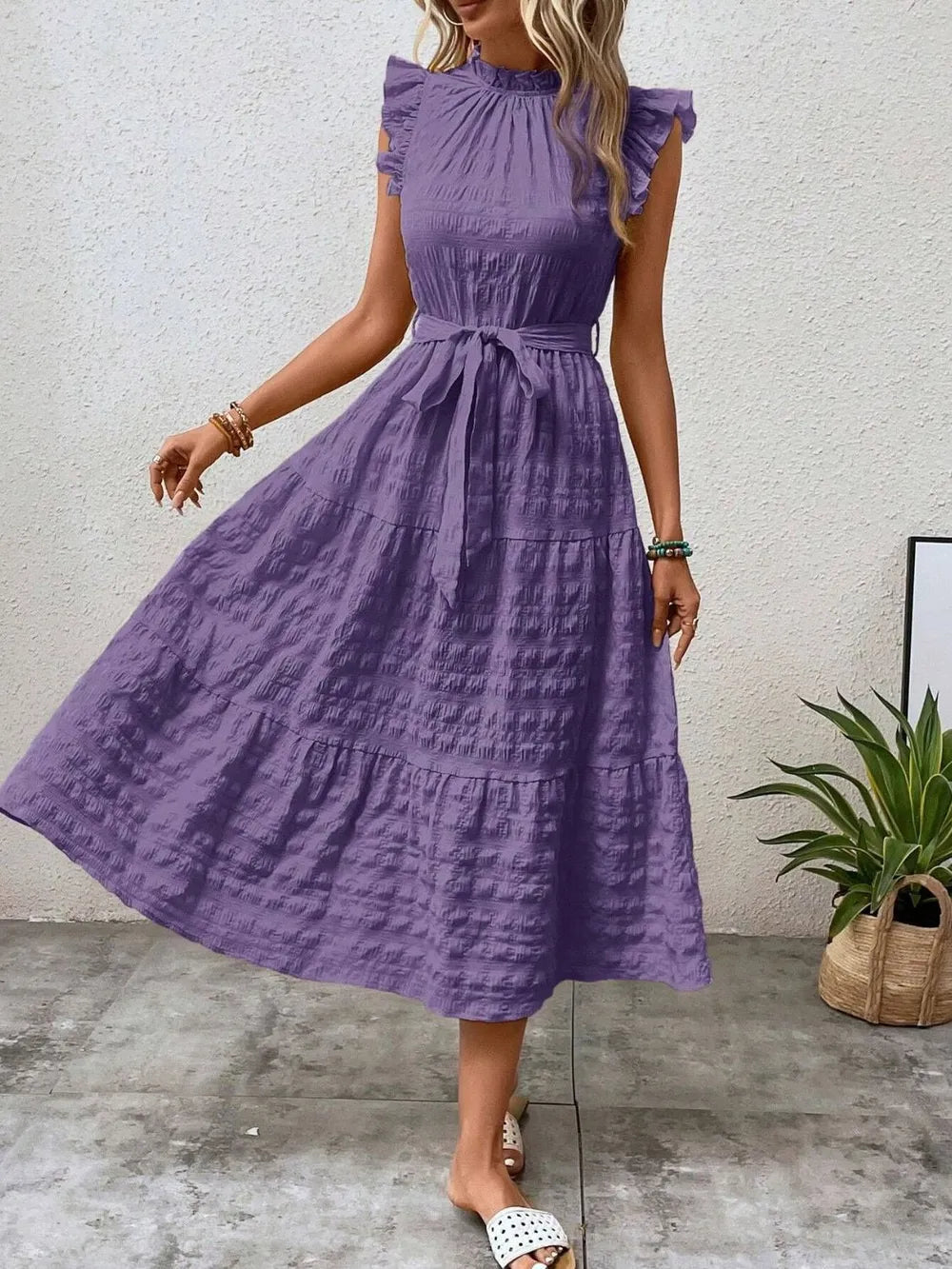Tied Ruffled Cap Sleeve Midi Dress 