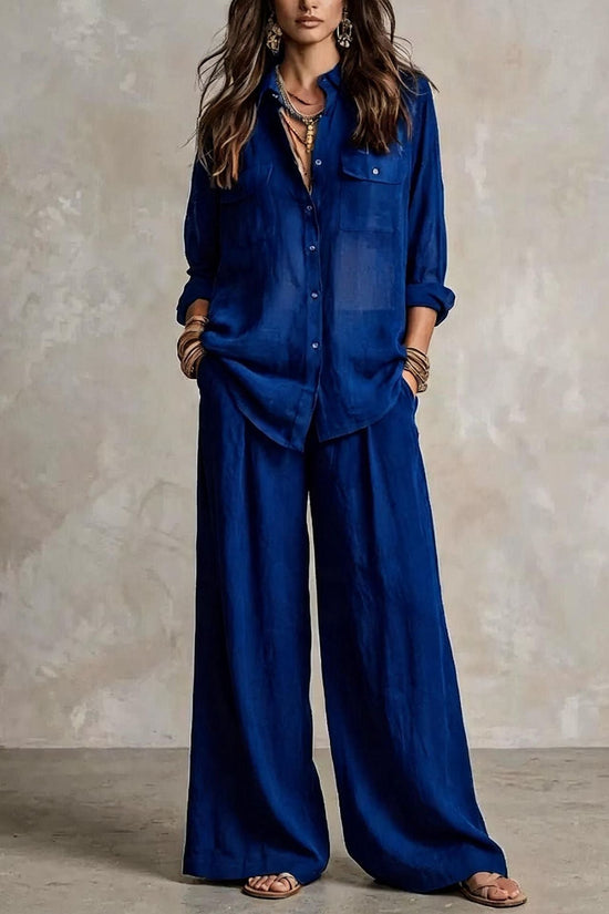 Chic Linen Set for Women, Breathable Lightweight Long Sleeve Shirt with Drapey Wide-Leg Pants, Vacation Style Casual Outfit 