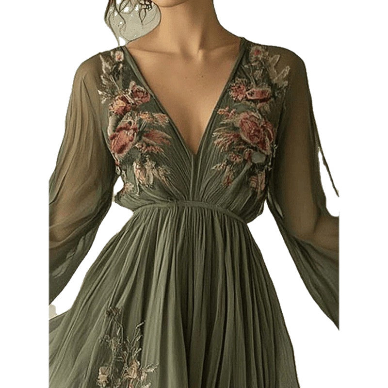 Printed long sleeved long collar dress long skirt 